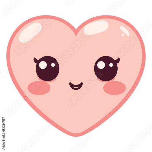 Cute pink heart with kawaii face and rosy cheeks