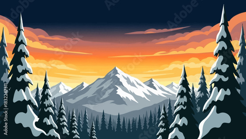 Winter Mountain Landscape with Pine Trees and Sunset Sky in Vector Art Style