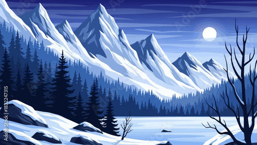 Serene Winter Landscape Majestic Mountains, Snowy Lake, and Pine Trees Under Moonlight