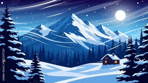 Winter Wonderland Snowy Mountains, Forest, and Cozy Cabin Under a Moonlight Sky - Scenic Landscape