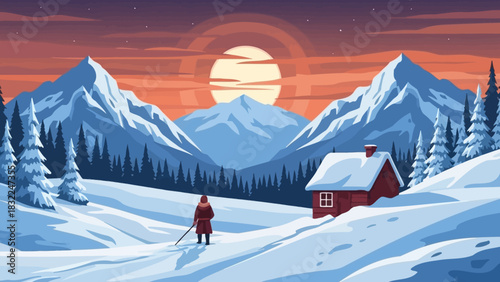A lone individual traverses a beautiful, snow-covered mountain landscape, featuring a cozy cabin and tall pine trees under a vibrant sunrise or sunset sky