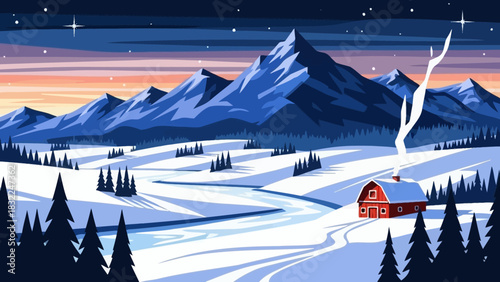 Serene Winter Landscape with Snow-Covered Mountains, a Cozy Cabin, and a Winding River Under a Twilight Sky