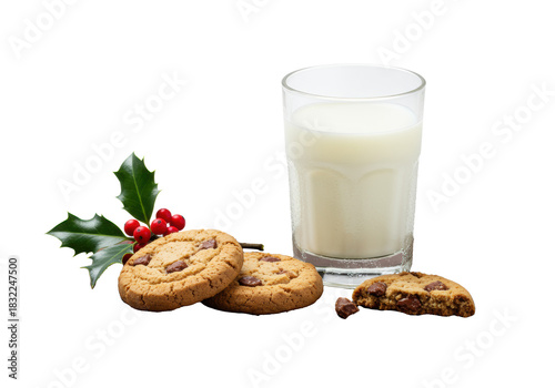 Macro commercial still life of cold milk in a condensed glass tumbler, homemade chocolate chip cookies, and christmas holly on a dark wood board against a transparent background. Concept of cozy