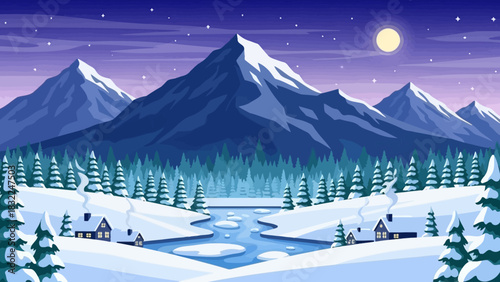 Peaceful Winter Landscape with Snowy Mountains, Frozen River, and Cozy Cottages Under a Full Moon