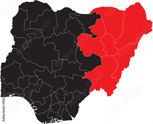 North East Region on Map of Nigeria Editable Vector