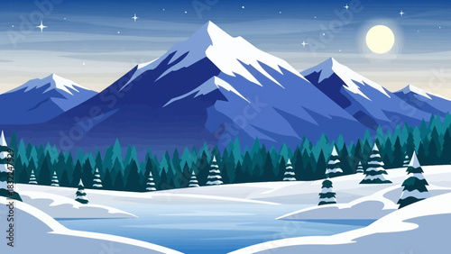 A serene winter wonderland landscape illustration with snow-covered mountains, a frozen lake, and a bright moon in the night sky