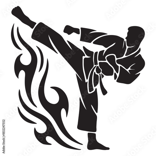 Karate Fighter Performing a Side Kick with Tribal Flames