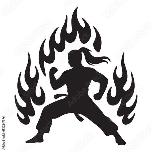 Silhouette of a martial artist woman in flames martial arts
