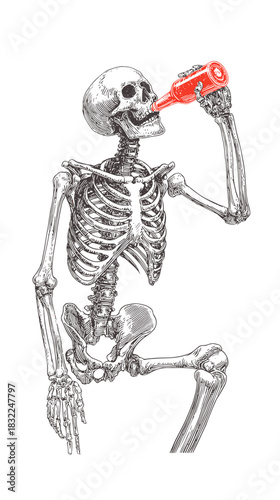 Vector illustration of a full body skeleton drinking a bottle of beer