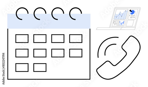 Calendar grid with spiral binding, laptop displaying charts, and phone icon. Ideal for scheduling, data analysis, business planning, communication, organization, teamwork and productivity concepts