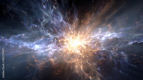 Bright center of a nebula with swirling clouds of gas and dust in shades of blue and gold color