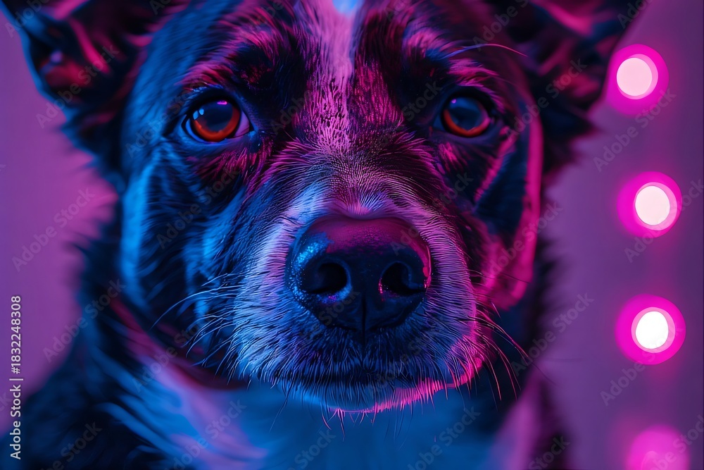 Obraz premium Captivating close-up of a domestic dog's face illuminated by vibrant neon blue and pink lights, showcasing its expressive eyes and unique nocturnal aesthetic