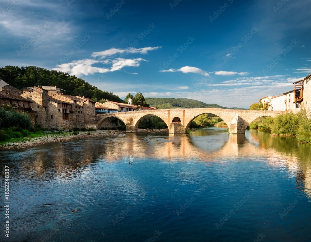 Fototapeta premium river view with stone bridge and town
