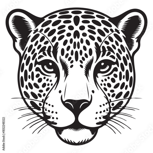 Black and white illustration of a jaguar head leopard