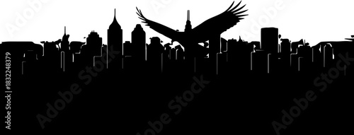 Powerful eagle soars above urban skyline, symbolizing freedom, strength, and vision, perfect for travel, nature, or business concepts with bold design