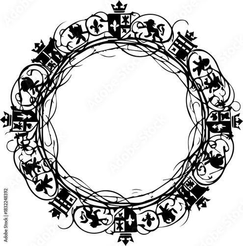 Elegant heraldic wreath border for luxury design projects, stunning vintage style frame with royal crests and flourishes, ideal for invitations