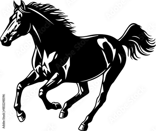 Majestic black horse galloping powerfully, a symbol of freedom and strength, perfect for equestrian themes, logos, or powerful branding elements