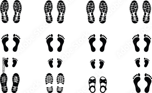 Set of Black Silhouette Shoe Prints, Bare Adult, and Baby Footprints, Ideal for Tracking, Family, and Minimalist Design, Isolated on White Background.