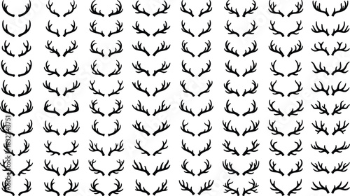 Massive Collection of Over Sixty Black Silhouette Deer Antlers and Reindeer Horns, Ideal for Rustic Logo Design, Hunting, and Christmas Decorations.
