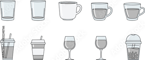 Set of Outline Icons for Various Types of Drinking Glasses and Cups