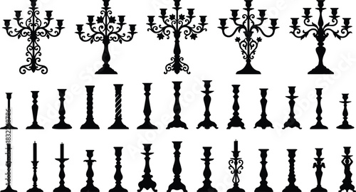 Elegant Black Silhouette Collection of Ornate Candelabras, Menorahs, and Vintage Single Candle Holders for Spooky Gothic Home Decor and Holiday Decoration.