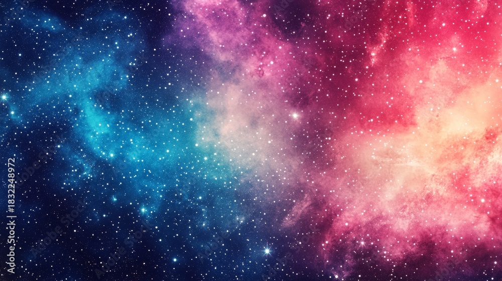 Naklejka premium A stunning digital illustration of a nebula filled with stars and cosmic dust, in vivid hues of blue, purple, pink, red, and yellow.