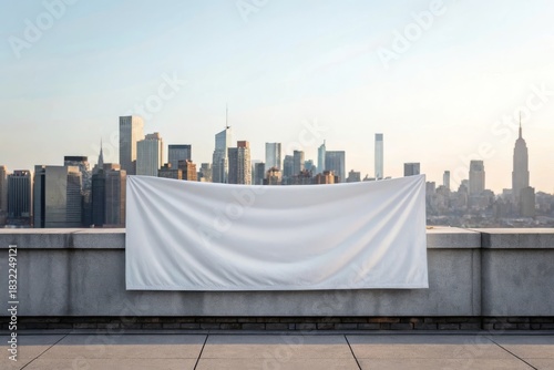 Blank Banner White Fabric Cityscape Skyline Urban Mockup Template