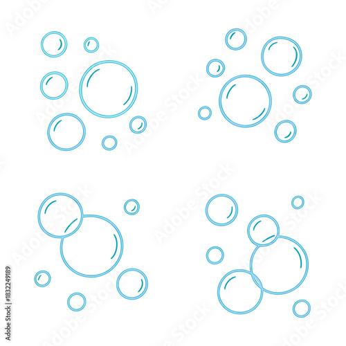 Water bubble doodle set. Hand drawn line sketch style soap bubbles and water drops illustration, fizzy foam sparkle, clean cartoon icons on transparent background.
