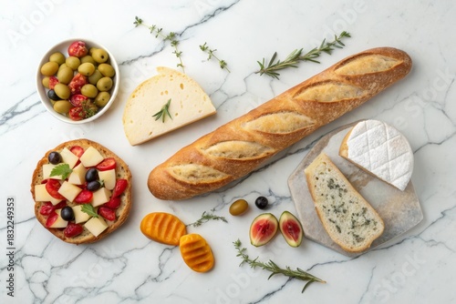 Charcuterie Spread Baguette Cheese Appetizer Flat Lay Food Photography