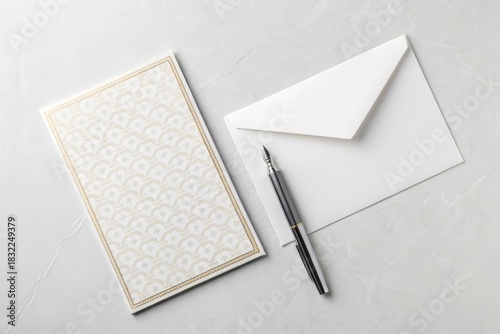 Notebook Envelope Pen Stationery Flat Lay Office Mockup Template