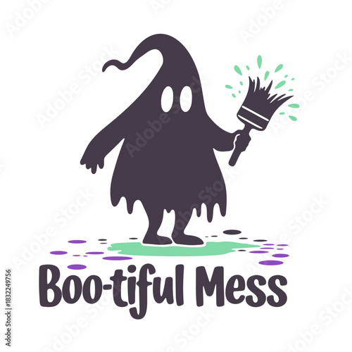 Cartoon ghost holding a paintbrush with drips and the text boo tiful mess below it on a white background