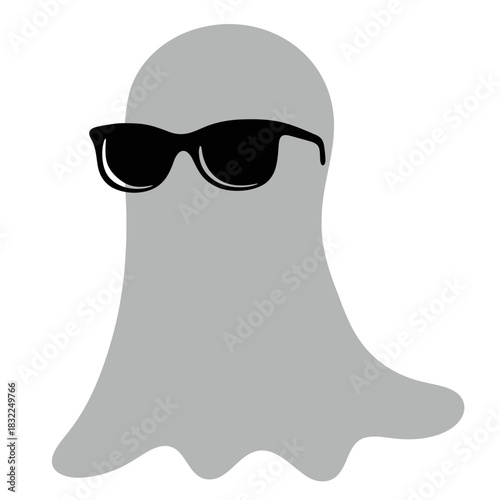 A cartoon ghost wearing black sunglasses with a gray body and no visible facial features on a white background