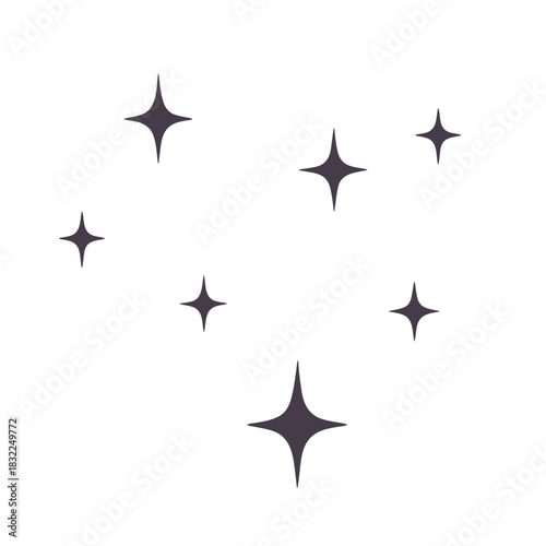 Illustration of seven simple four pointed stars scattered across a white background in dark gray color