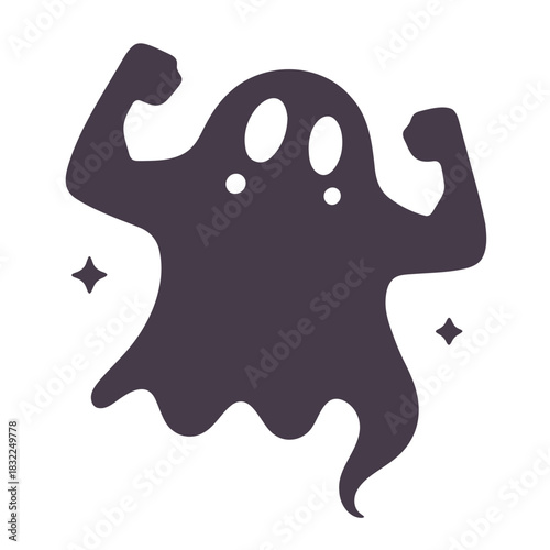 Illustration of a stylized ghost with flexing arms and sparkling accents on a white background art
