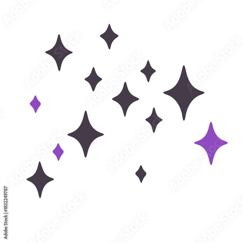 Illustration of a cluster of stylized stars with varied sizes and purple and dark gray color palette design