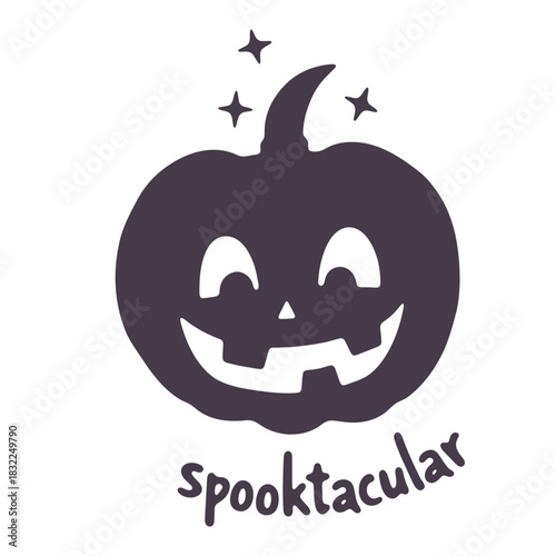 Silhouette of a smiling halloween pumpkin with stars and the word spooktacular below it