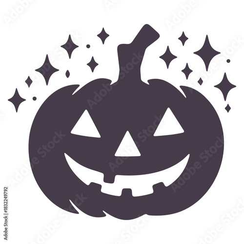 Silhouette of a halloween pumpkin with triangular eyes and a toothy grin surrounded by stars and sparkles