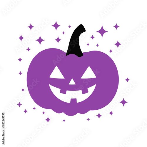 Illustration of a purple halloween pumpkin with a black stem and white stars surrounding it design