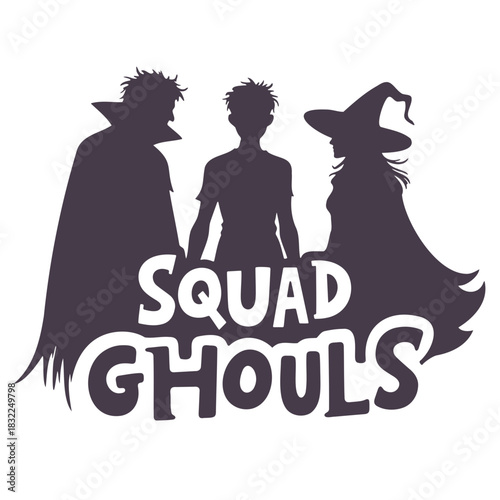Silhouette of squad ghouls featuring a vampire, a person and a witch with the squad ghouls text