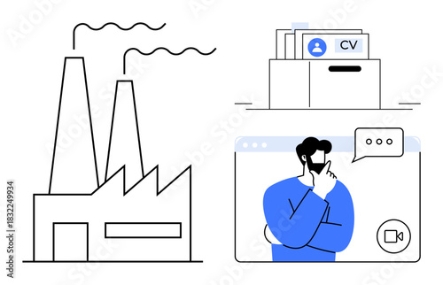 Recruitment concept. Recruitment with CVs, digital communication platforms, and industrial elements. Recruitment for workforce hiring, online interviews, human resources, and industrial careers