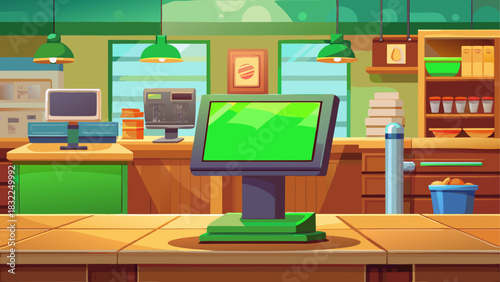 Chroma key POS system with a bright green screen placed on a wooden counter, viewed from the front in a softly blurred restaurant interior. Perfect for retail branding, product mockups, and displays