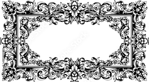 Elegant floral frame with vintage filigree design, perfect for wedding invitations or sophisticated branding projects, timeless appeal and exquisite detail