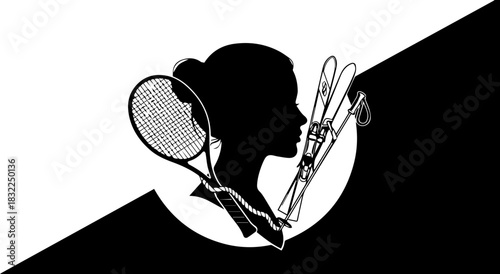 Elegant silhouette of woman with tennis racket and skis, active lifestyle symbol, sporting goods logo, vector graphic for print and web, refined design