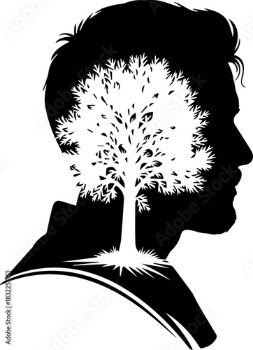 Introspective growth concept, man's silhouette merging with a flourishing tree, symbolizing intellect, ideas and nature's influence on personal development
