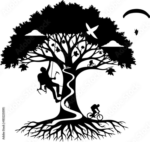 Inspiring adventures in nature featuring climbing, biking and paragliding under a majestic tree, ideal for outdoor brands and adventure promotions