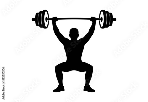 Silhouette of a weightlifter performing a squat with a barbell overhead in black