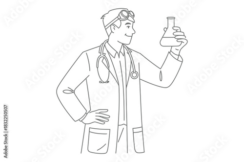Line art of a doctor in a lab coat holding a flask with liquid in his hand looking aside