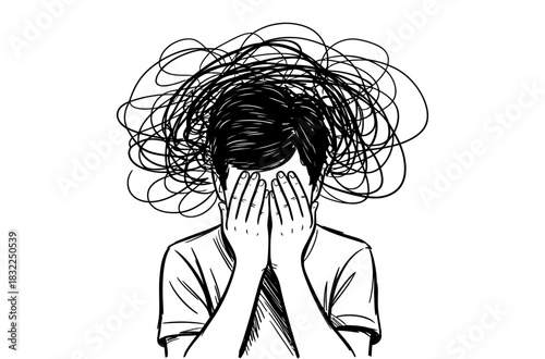 Person covering face with hands and chaotic lines above head in black and white sketch
