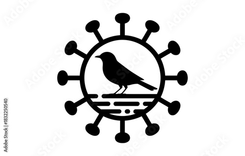 Silhouette of a bird perched above water inside a circle with protruding shapes