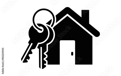 Illustration of a house with a door and roof accompanied by a set of keys hanging